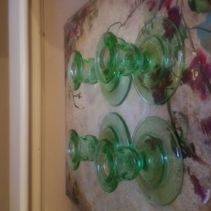 Vintage Elegant Glass Green Footed Candlesticks set of 4